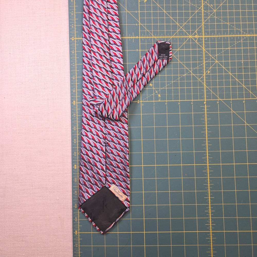 VTG Faconnable Silk Necktie Men Red Silver Geometric Hand Finish Italy EUC 61x4"